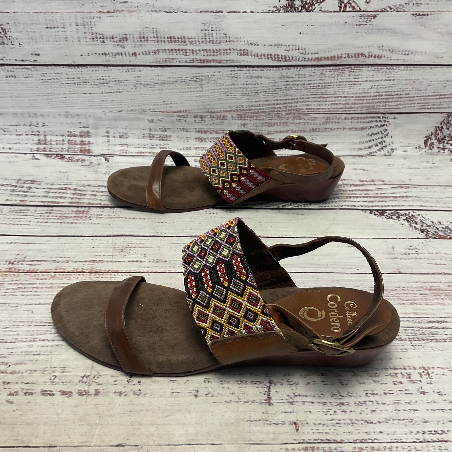 Colleen Cordero Brown Embroidered Leather Wedge Wood Clog Sandal Women 7