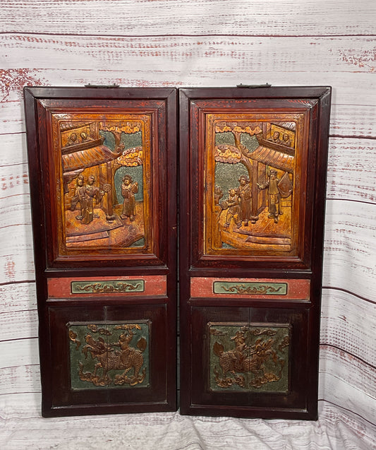Vintage Set of 2 Chinese Asian 35" Wood Wall Panels Multicolor