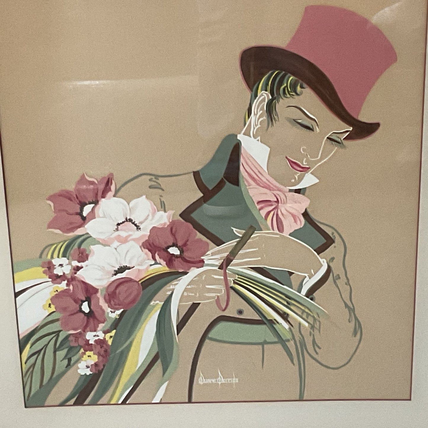 Signed Mid Century DUANE PERRIGO Art Deco Man with Florals Painting