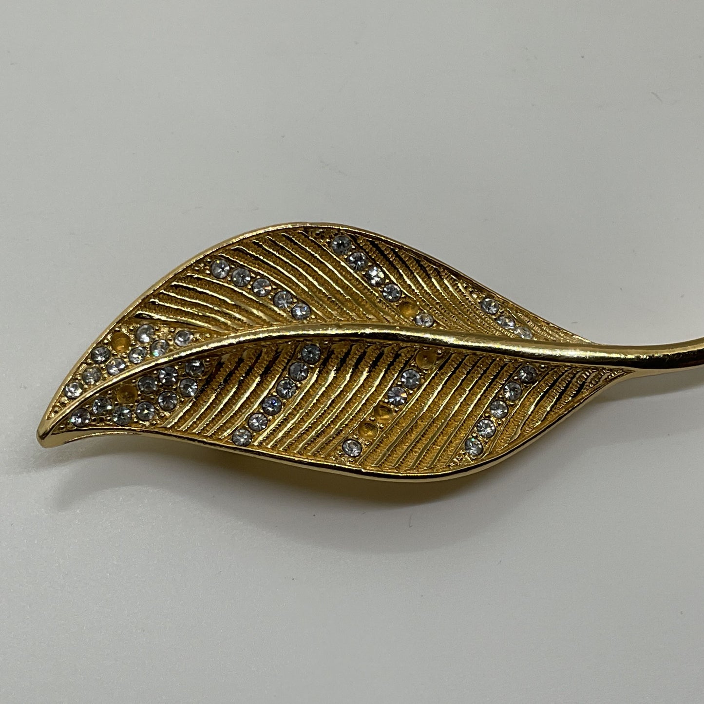 VTG. 60'S CHRISTIAN DIOR Gold Tone Rhinestone Leaf 4.25" Brooch- MISSING STONES