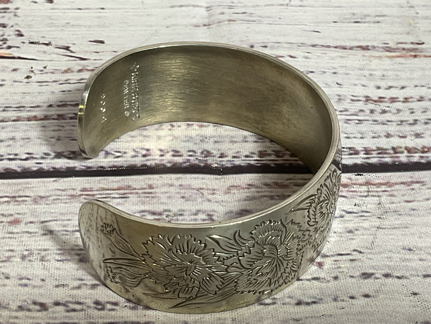 KIRK STIEFF Birth Month "Carnation" Flower Pewter Cuff Bracelet