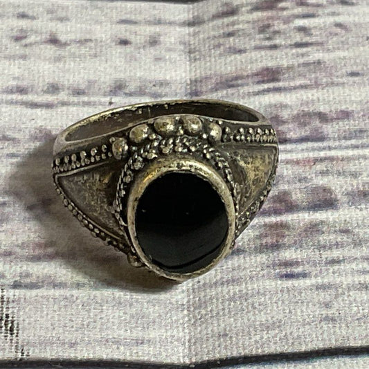 Sterling Silver & Onyx Beaded SZ 7 Ring- 6.98g