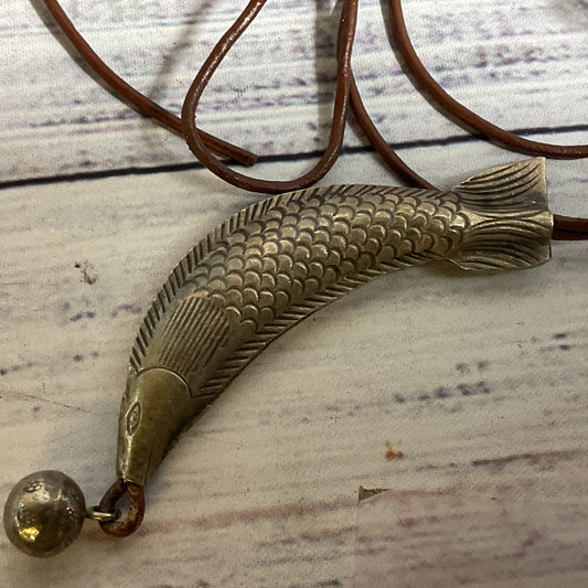 Sterling Silver 3.75" Fish Pendant Leather Cord Necklace- 18.62