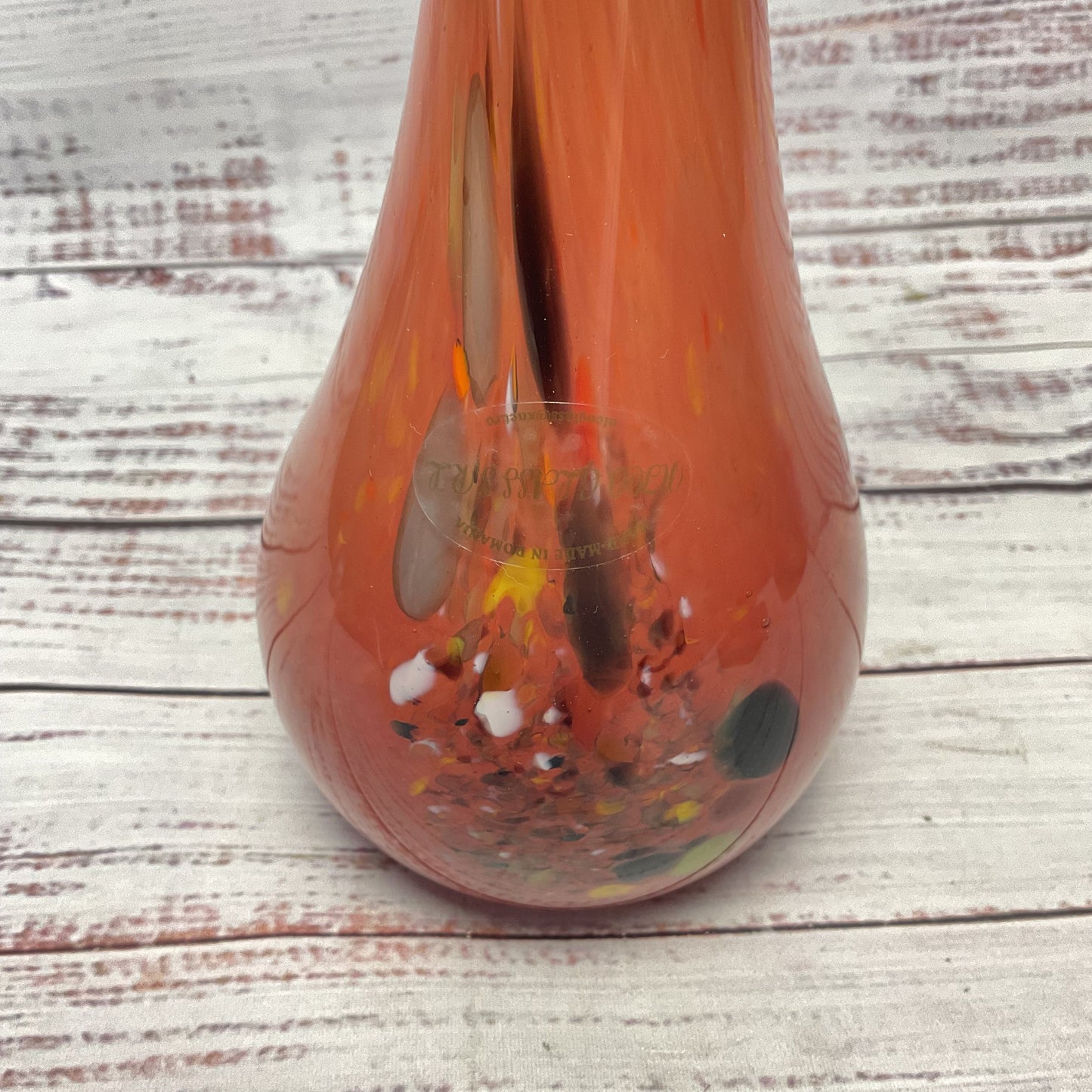 Nico Glass Romanian Tall Tube Slender Neck Orange Multicolor Swirl Vase 14.5"