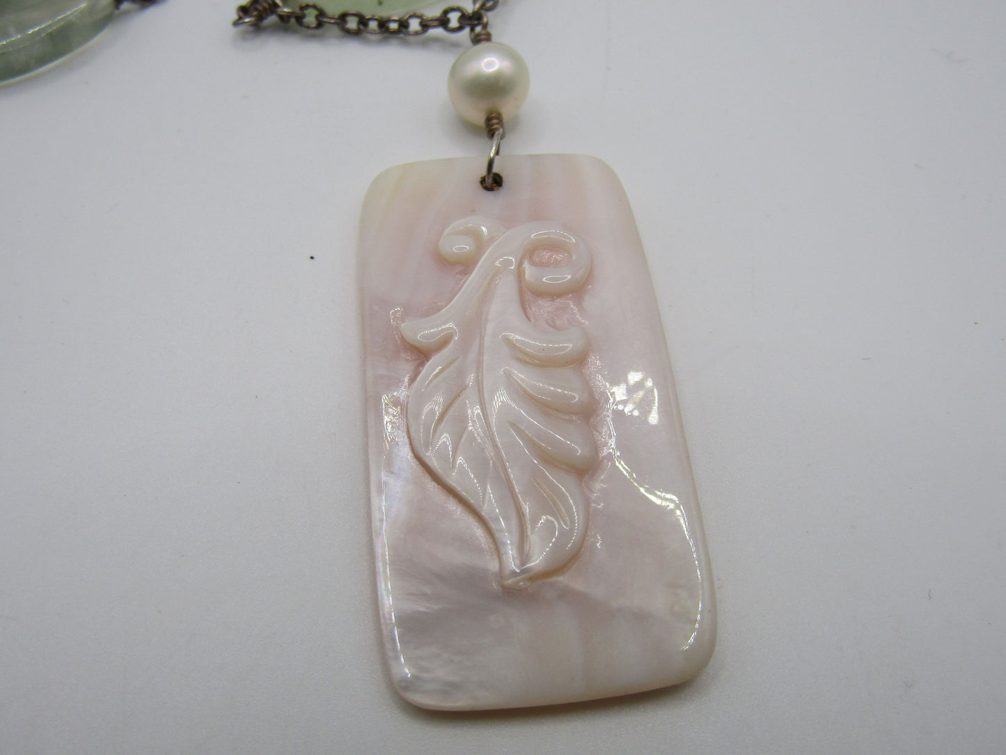 Vintage Artisan Handcrafted Sterling Silver Prehnite & Carved Pink MOP Necklace