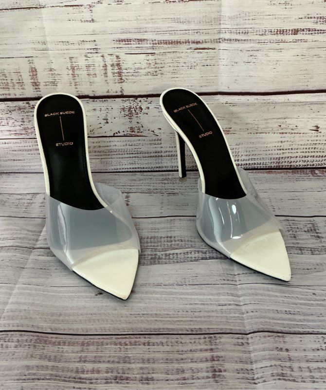 Women's Black Suede Studio Ivory Mules w/clear strap Size 6.5 US 6 Retail $348
