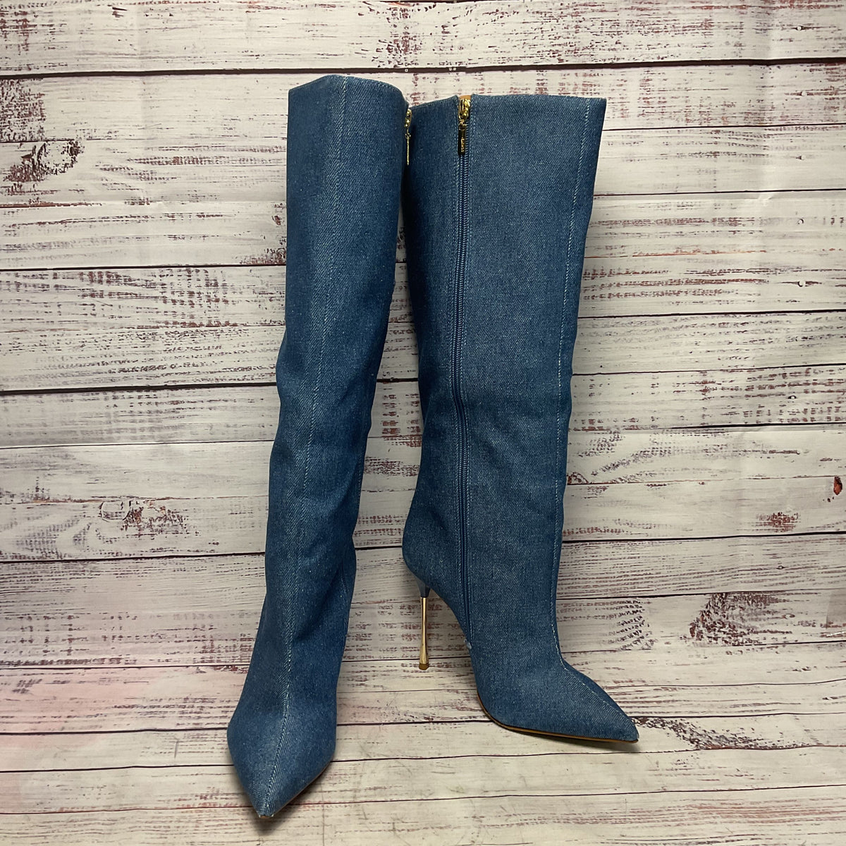 Schutz Blue Denim Jean Material Tall Heel Boot Women Size 9