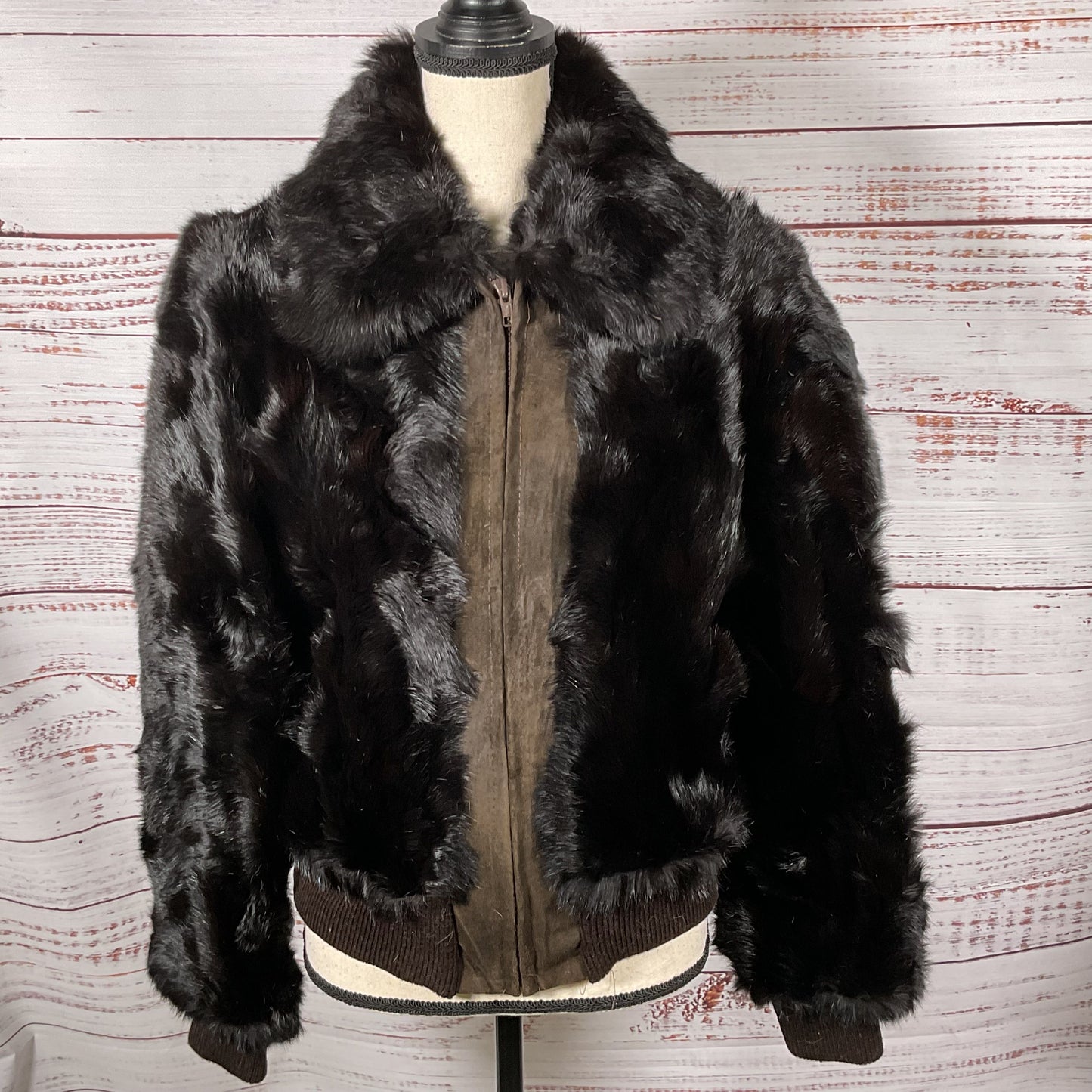 VTG. DINO RICCO Women's Brown Rabbit Fur & Suede Trim Bomber Jacket- SZ L