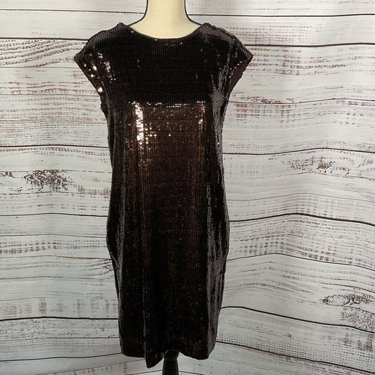 NWT MAEVE for ANTHROPOLOGIE Women's Brown Sequin Short Side Slit Dress- SZ XS