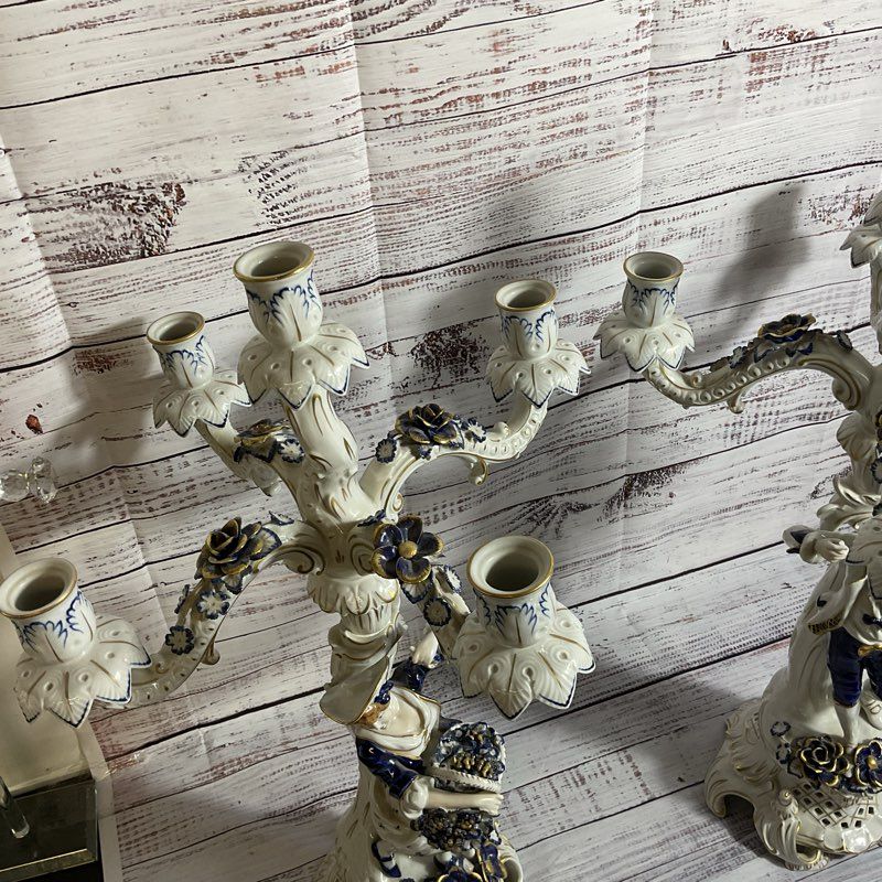 Pair ANTQ. 1817 ECHT KOBALT Blue/White Gold Gilt Porcelain Victorian Candelabras