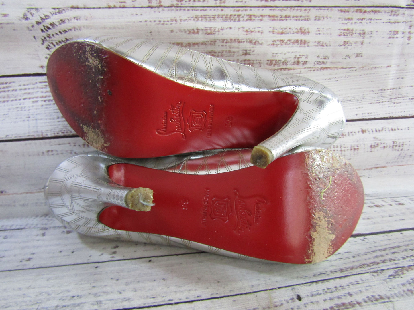 Christian Louboutin Very Galaxy Women's Silver Leather Peep Toe Pumps Size 8