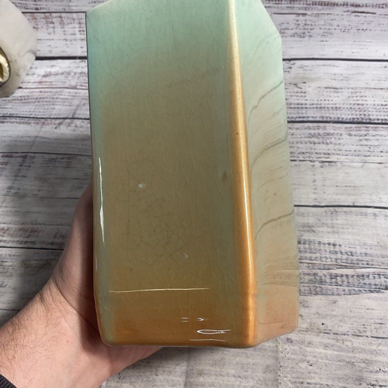 William Menker 7" Green/Brown Ombre Square Ceramic MCM Vase F-101