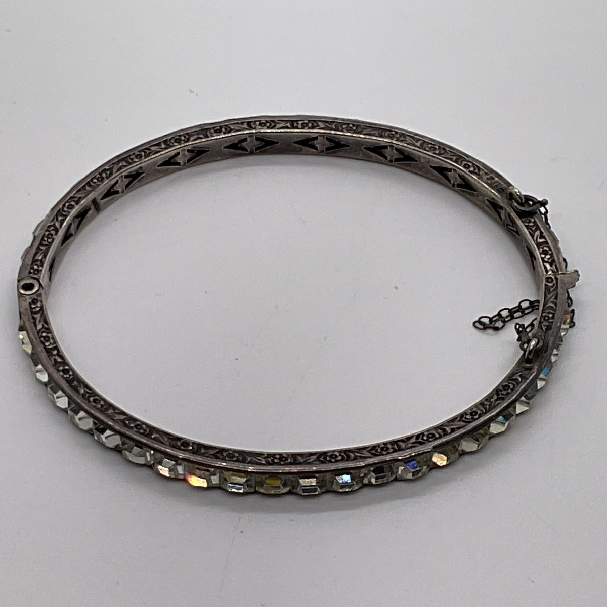 VTG. Sterling Silver & Rhinestone 6.75" Bangle Bracelet- 11.39g