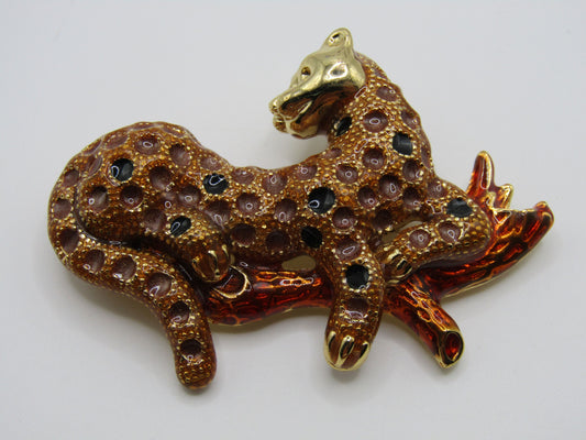 Gold Plated Enamel Leopard on Branch Brooch Pin