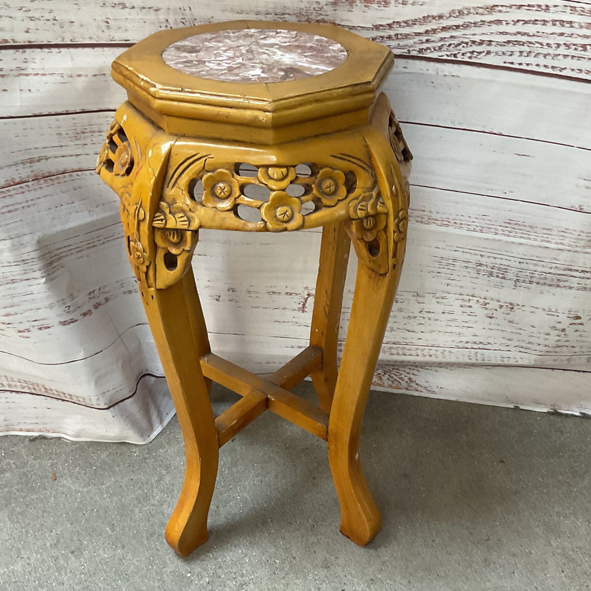 VTG/ANTIQUE Chinese Chinoiserie Carved Wood & Marble Plant Stand Table-14" x 24"