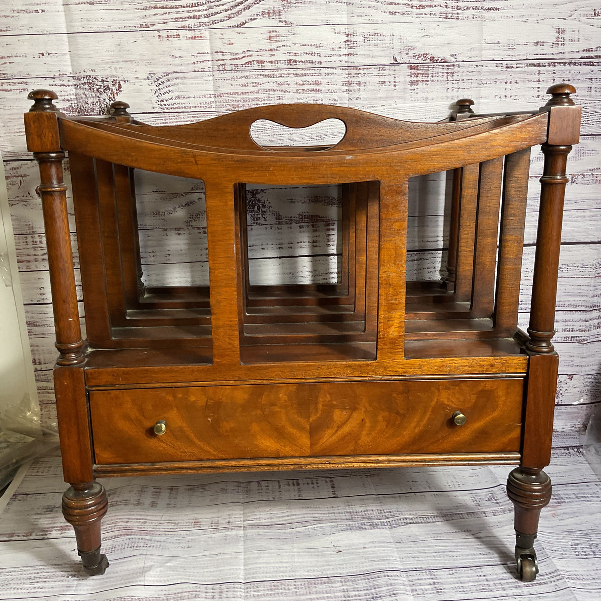 ANTIQUE Eng. Canterbury Mahogany Magazine Rack with Drawer- 20" x 19.5" x 13.75"