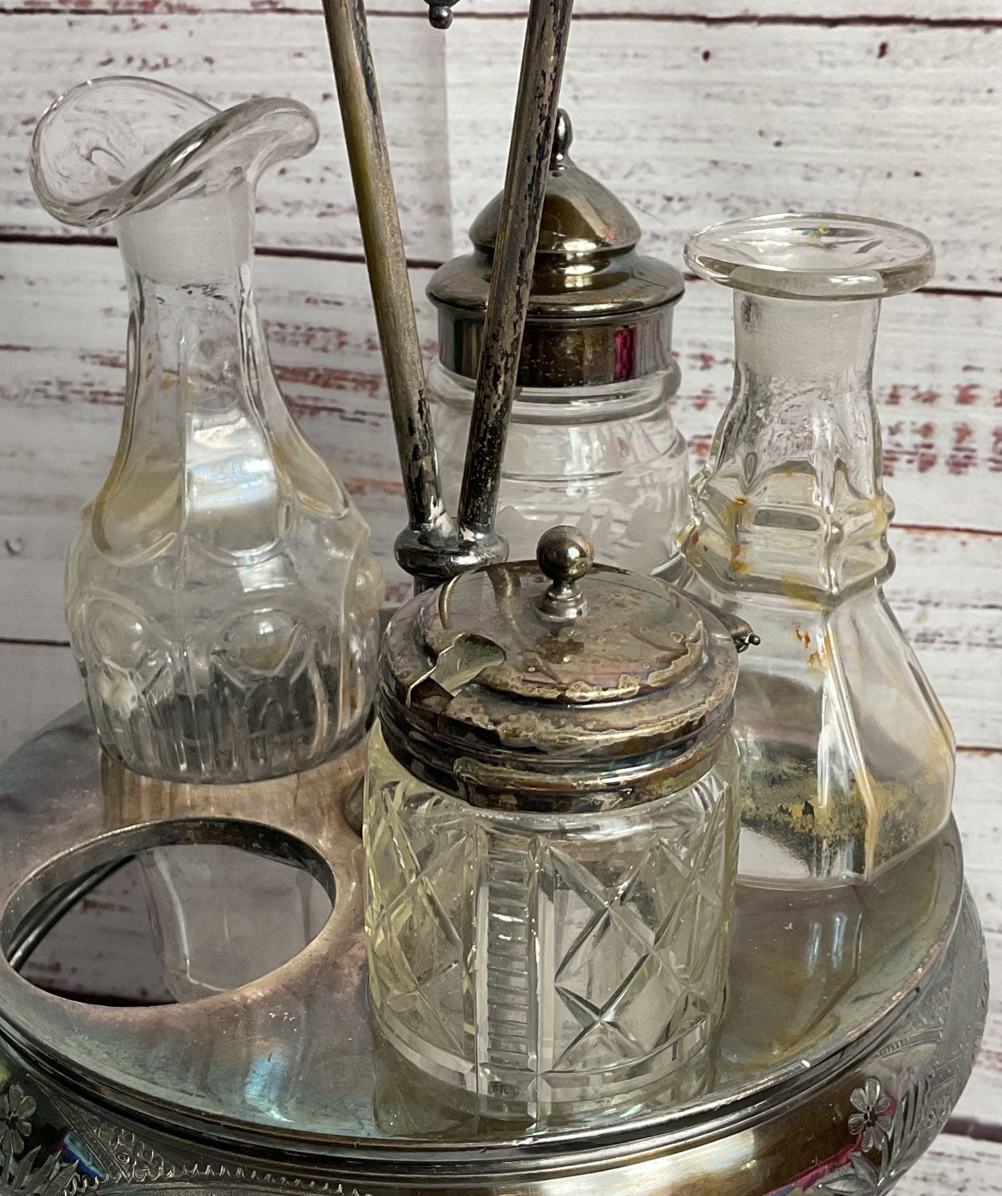 Vintage Embellished Castor Cruet Set Silver Plate
