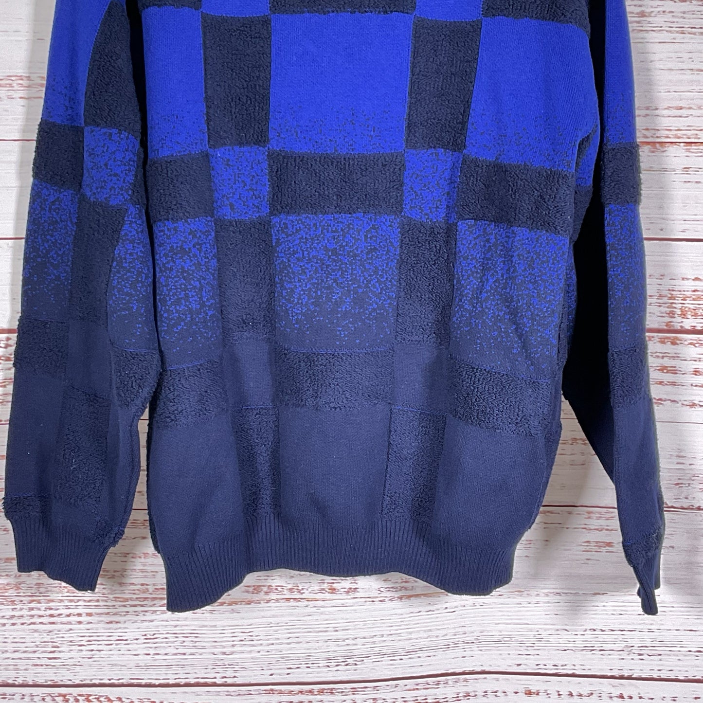 PERCIVAL Men's Blue Color Block Checkered Crew Sweater- SZ M