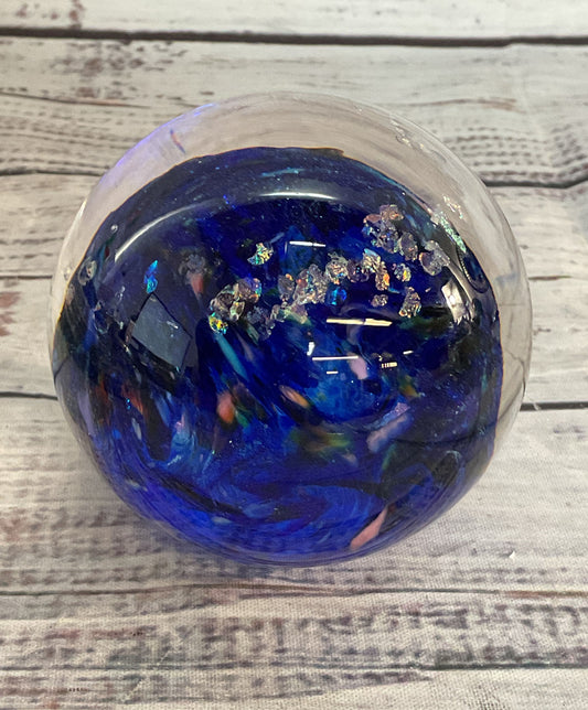Vintage Glass Dome Paperweight Blue Swirl