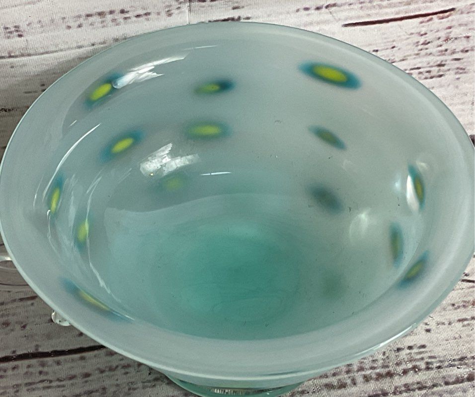 Modern Signed Hand-Blown Art Glass Double-Handled Small Bowl Blue