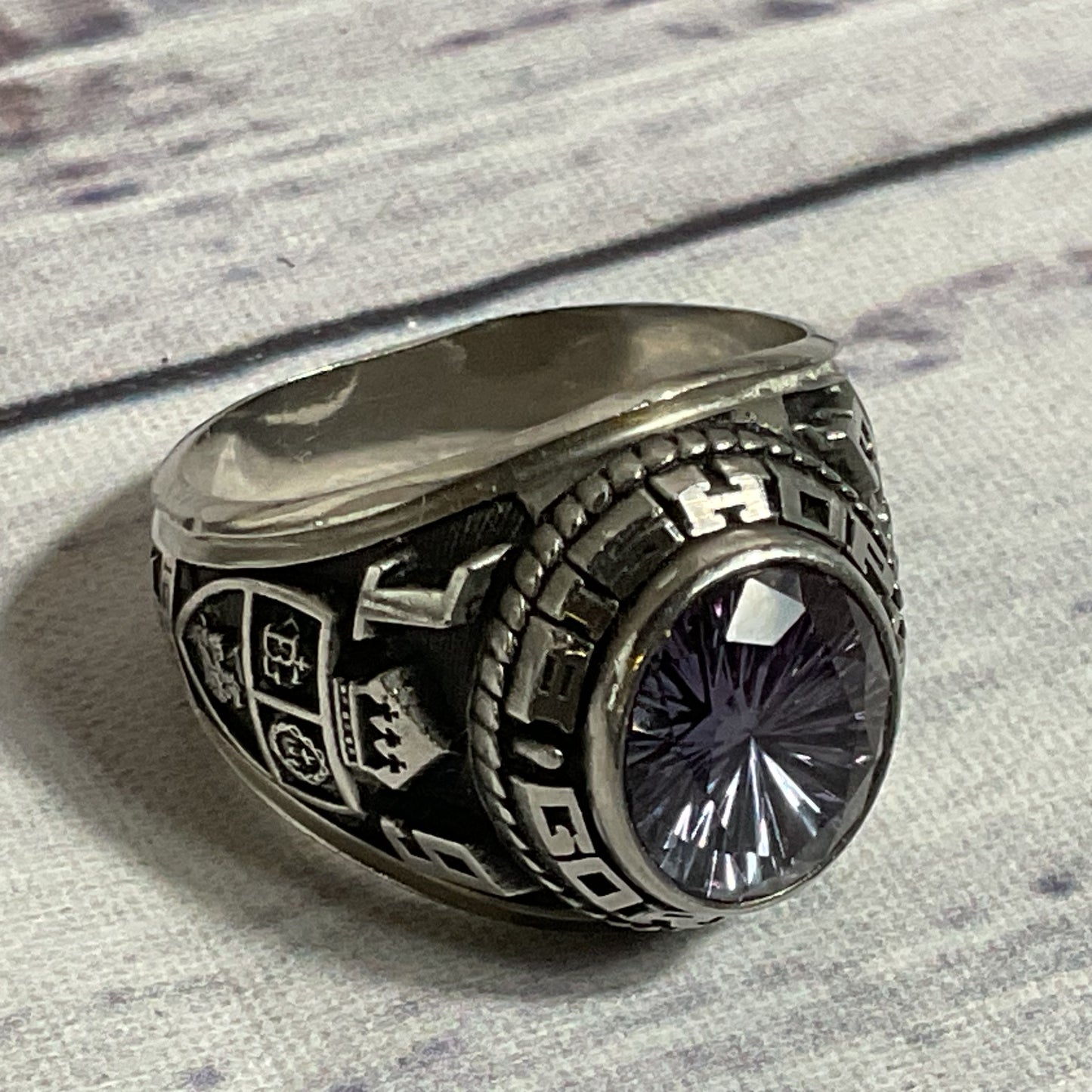 JOSTENS LTM Silver Tone & 10mm Lavender Sapphire Gorman Bishop Class Ring SZ 8.5
