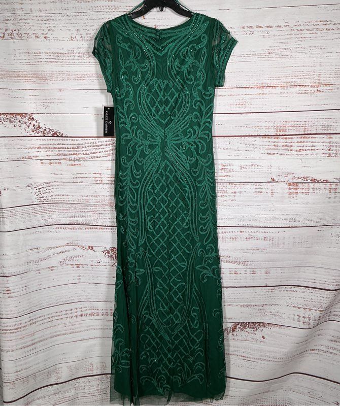 NWT Women's Oleg Cassini Hunter Green Mesh Beaded Dress Size S GORGEOUS!