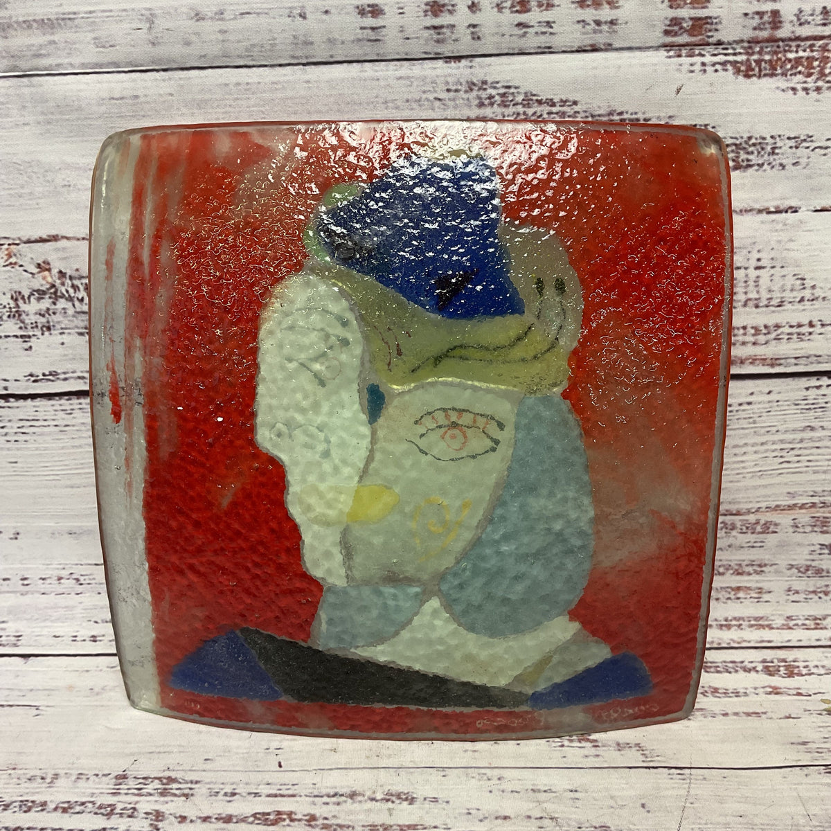 Franco Murano Omaggio A Picasso Style Abstract Art Face Glass Tray Dish 8" X 8"