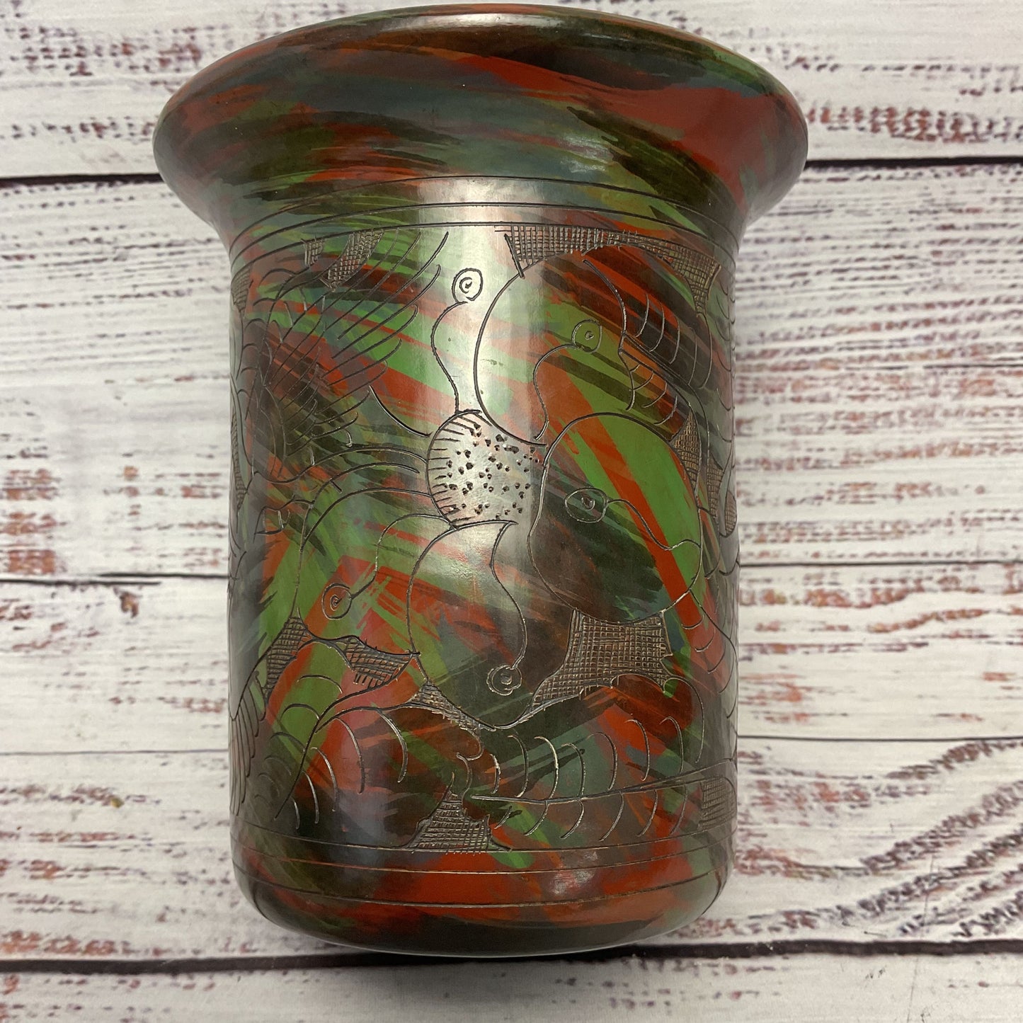 Red Green Black Hand Carved Bird Flower Clay Vase 5"x5"x6"