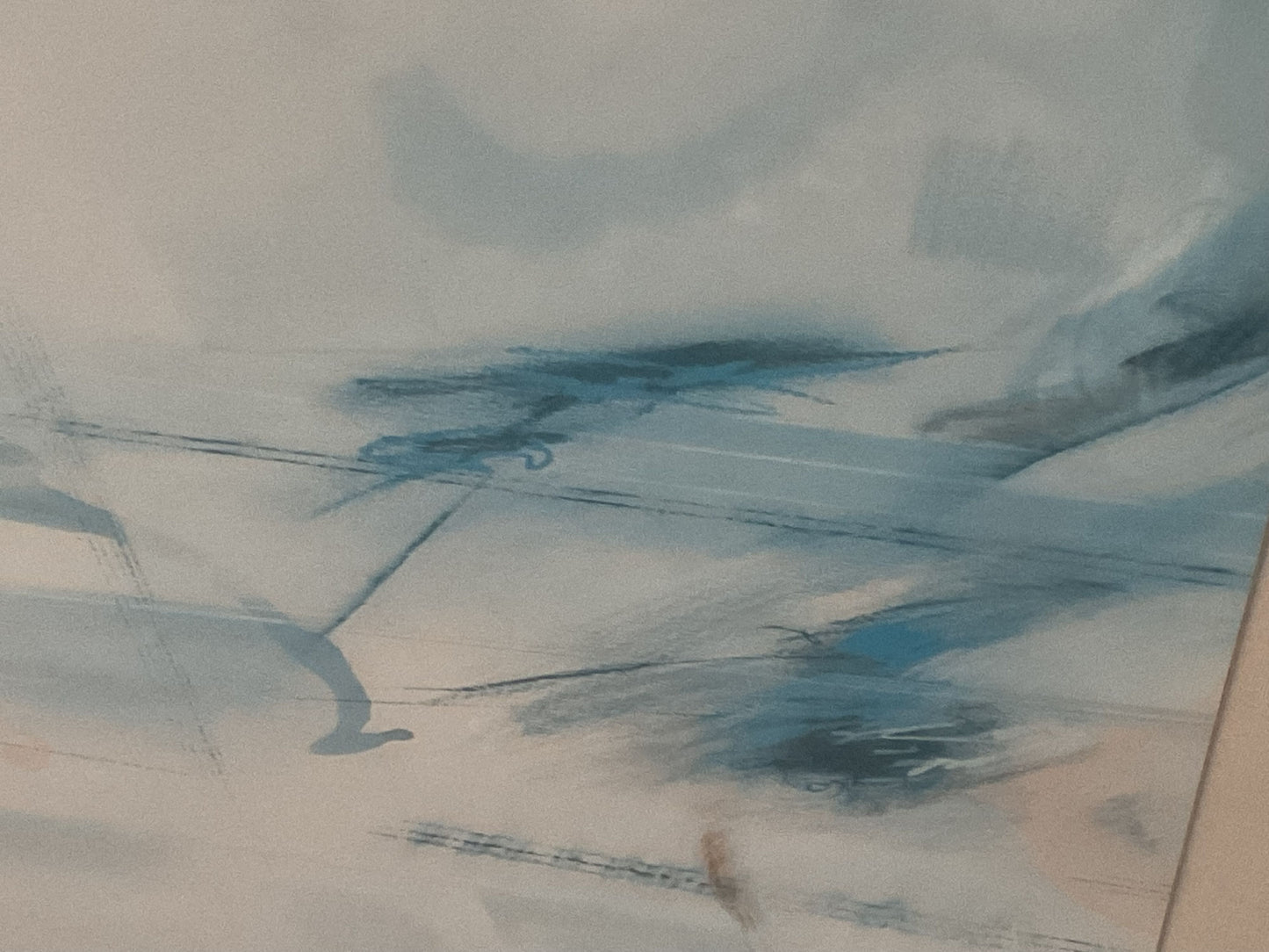 VTG. Blue White Hues Abstract Lithograph- FRAMED 41.75" X 32"