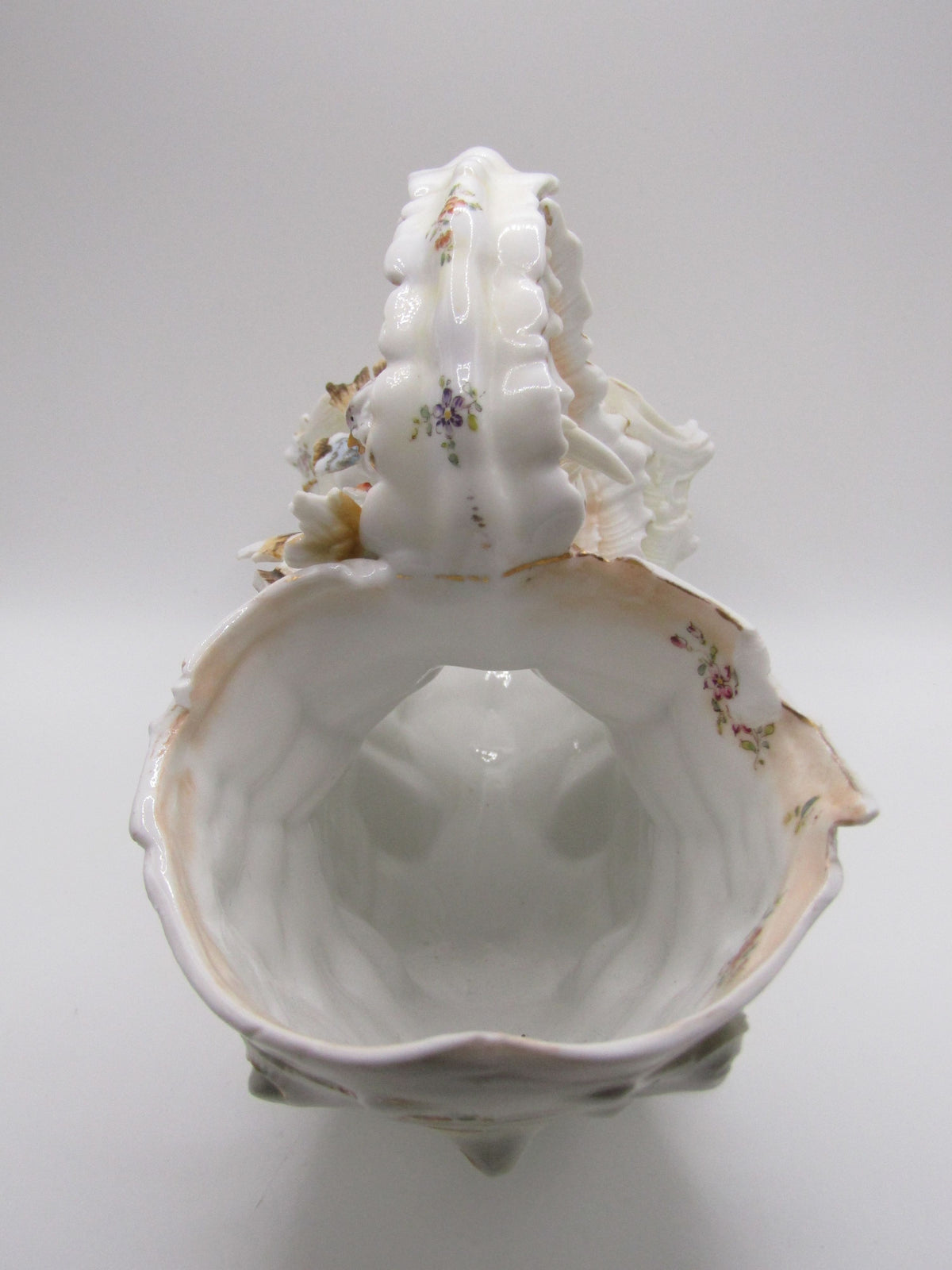 Antique Volkstedt Porcelain Conch Bird Motif Basket Made in Thuringia, Germany