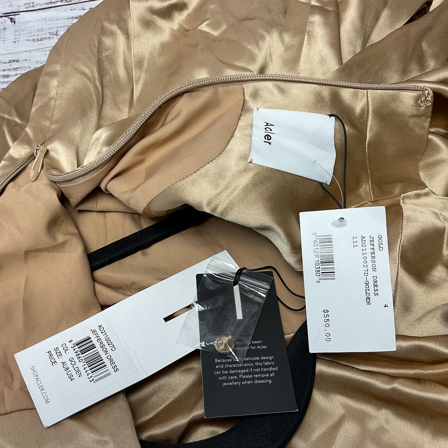 Acler Jefferson Draped Gold Satin Cutout Shoulder Mini Dress - Size 4 New