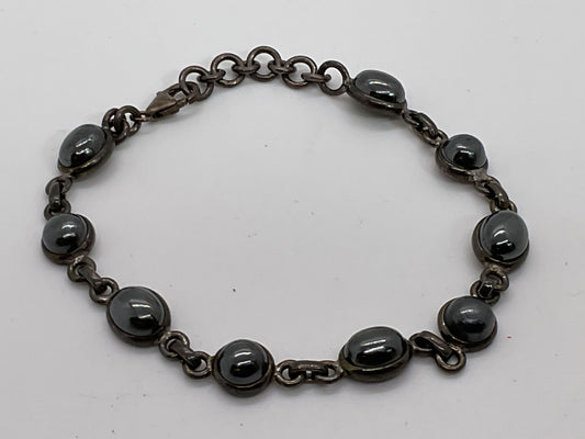 VTG. Sterling Silver & Hematite Cabochon Link 8" Bracelet- 15.11g