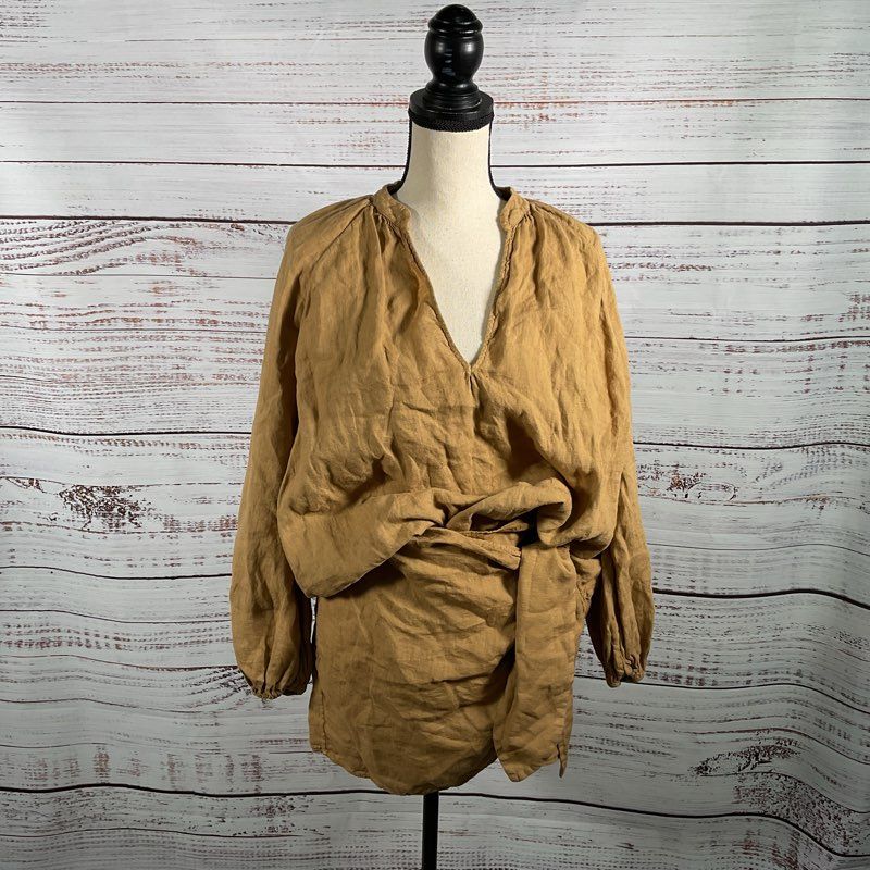 Manebi Brown Linen Fortaleza Mini Wrap Skirt Flowy Blouse Top Set sz 8 US/38 EU