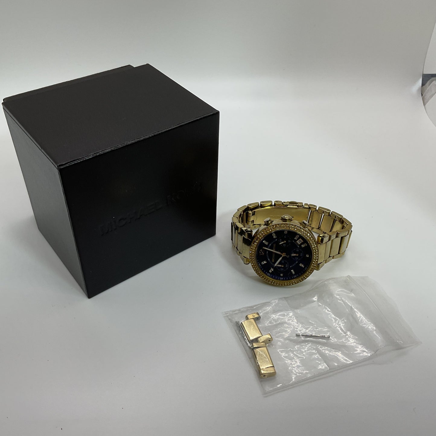 MICHAEL KORS MK6262 Gold Tone Rhinestone Blue Face Dial Watch- 6.75"