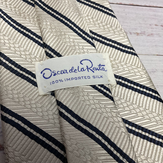 Oscar De La Renta Cream Black Stripe Imported Silk Neck Tie - Size 56"