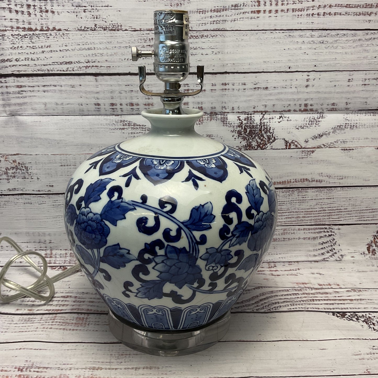 Chinoiserie Blue White Vase Style Lamp Clear Glass Base Working 13"