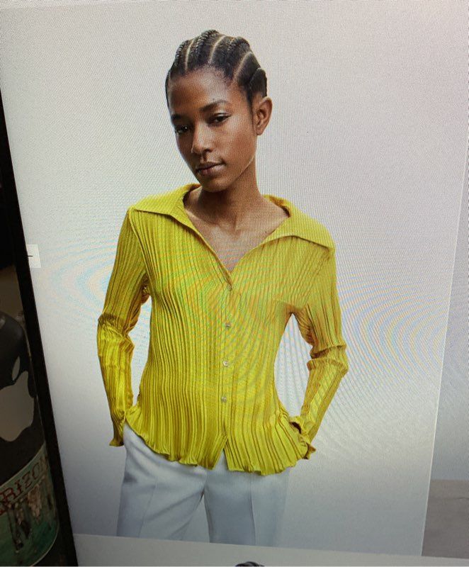 MNG By MANGO Women's Lime Button Up Shirred Long Sleeve Shirt Size 4