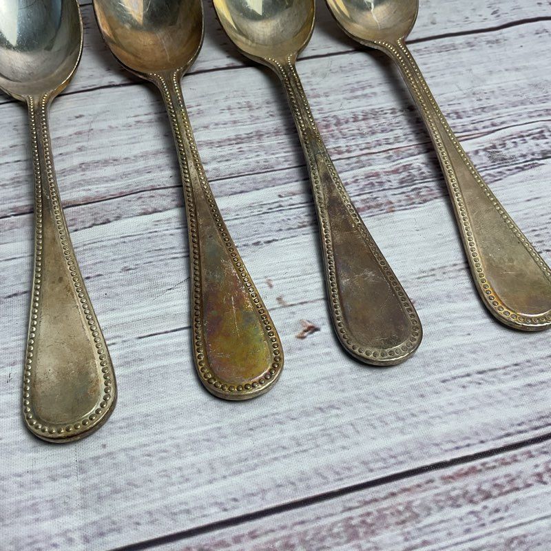 Vintage EPNS A1 Sheffield England 4 Pc. Silverplated Bead Edge Soup Spoon Set