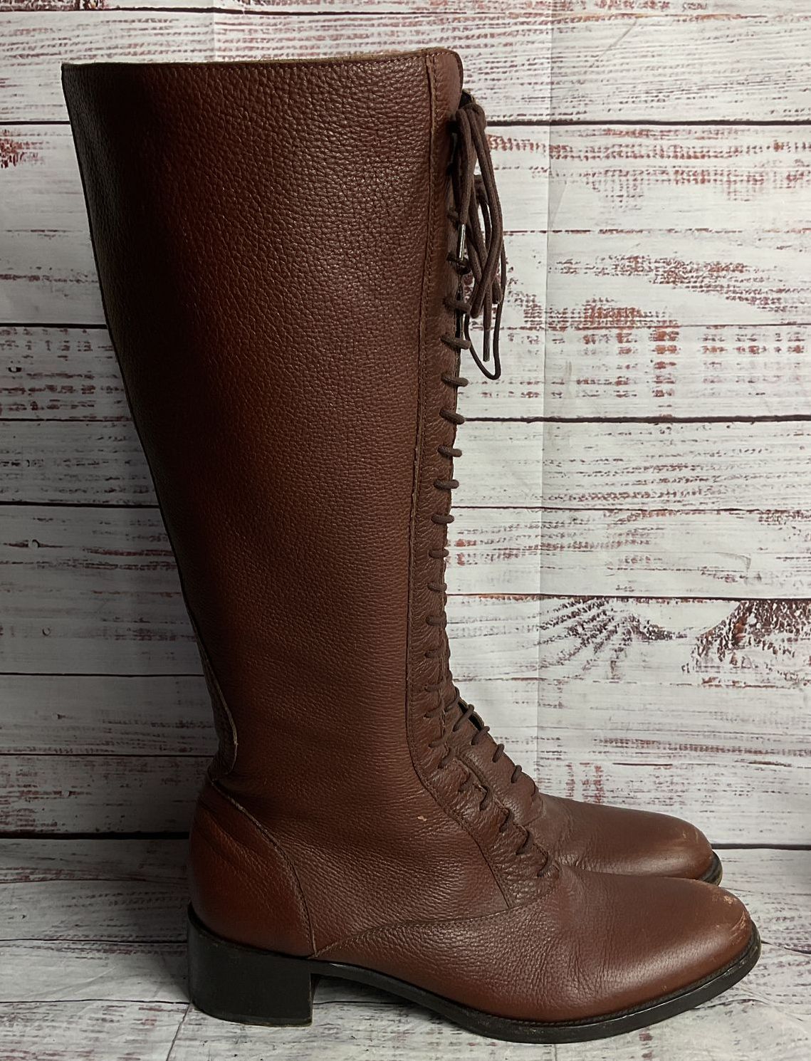 Jil Sander Leather Lace Up Knee High Boots Brown 39