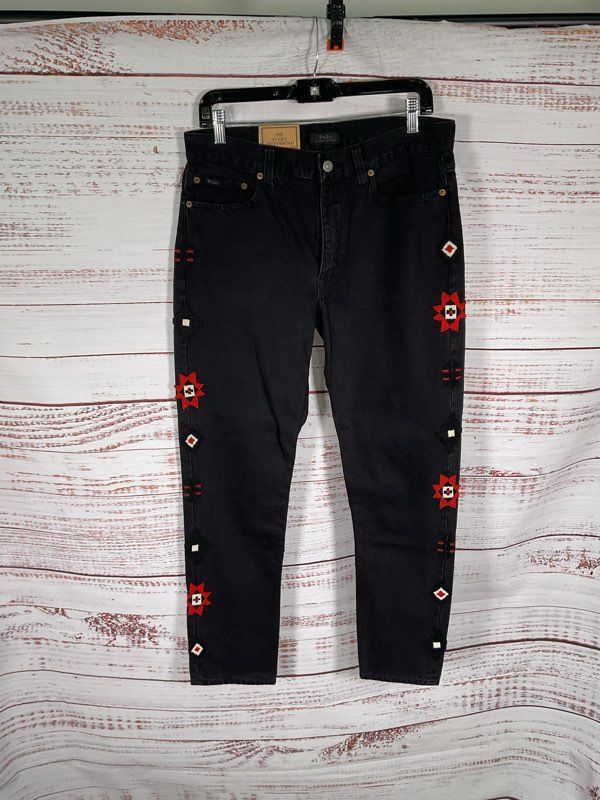Polo Ralph Lauren Rope Dyed Avery Boyfriend Black Beaded Aztec Jeans Women's 28