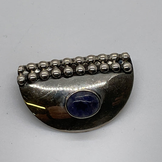 VTG. Sterling Silver Beaded Sodalite Cabochon 1.5" Brooch- 6.41g