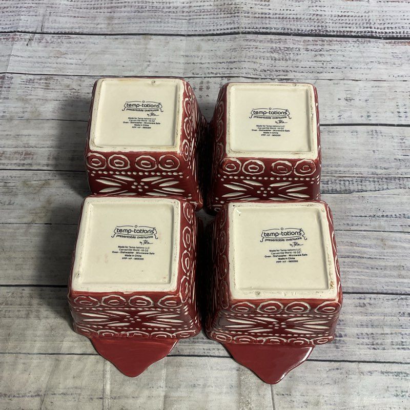Temptations By Tara Set Of 4 Red Carved Old World 10 Oz Baker Dishes W/ Lids