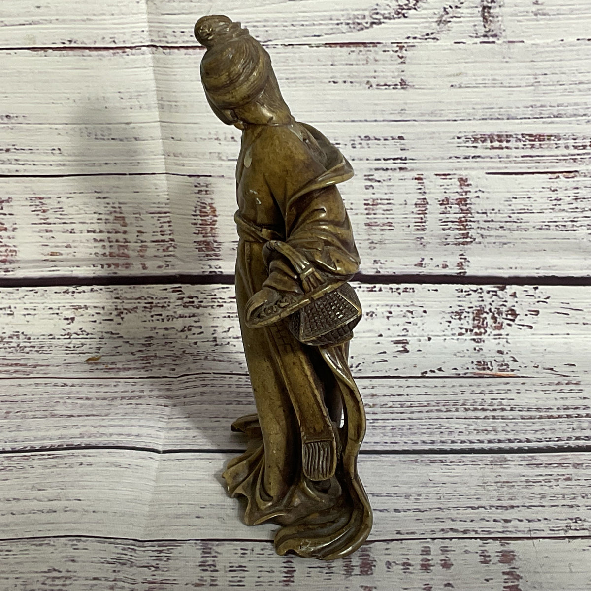 Signed VTG./ANTIQUE Chinese Quan Yin Holding Basket Soapstone Figurine- 7"