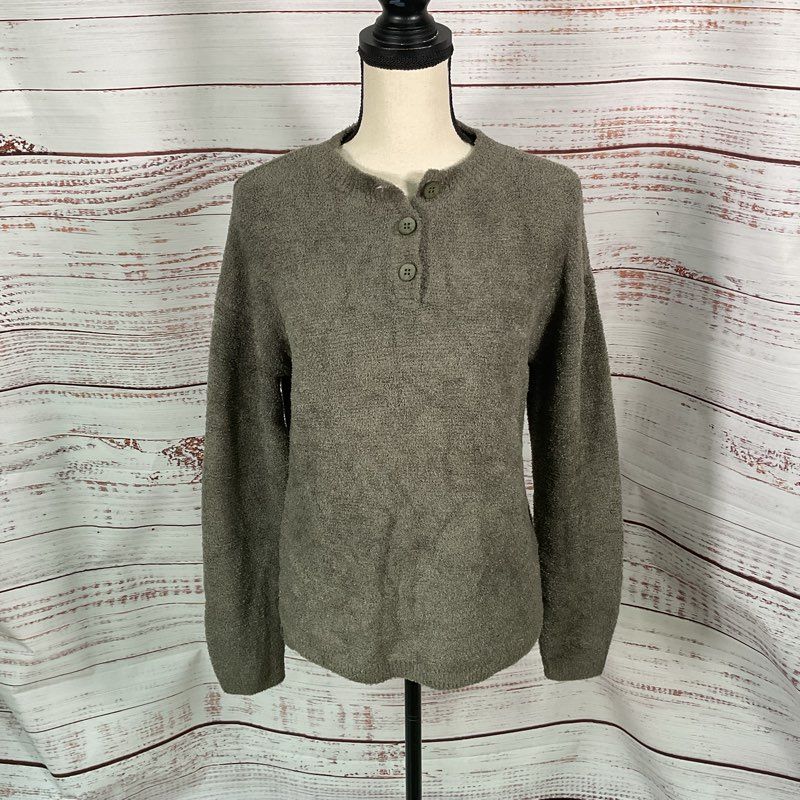 NWT Barefoot Dreams Olive Branch Green Textured Pullover Henley Sweater Size XS