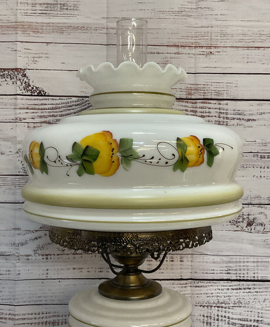Vintage Milk Glass Floral Hurricane Table Lamp Multicolor