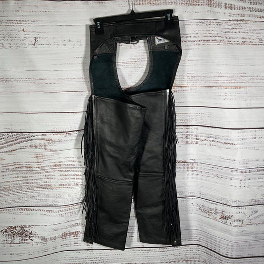 VTG. Route 66 Black Leather Tasseled Motorcycle Chaps Pants - Size XS