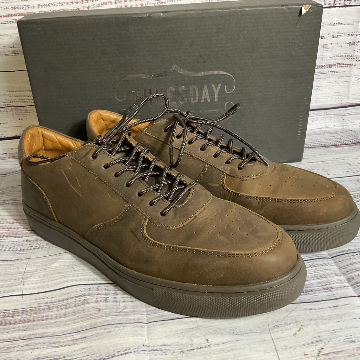 NWB THURSDAY Everyday Men's Court Brown Leather Sneakers- SZ 12