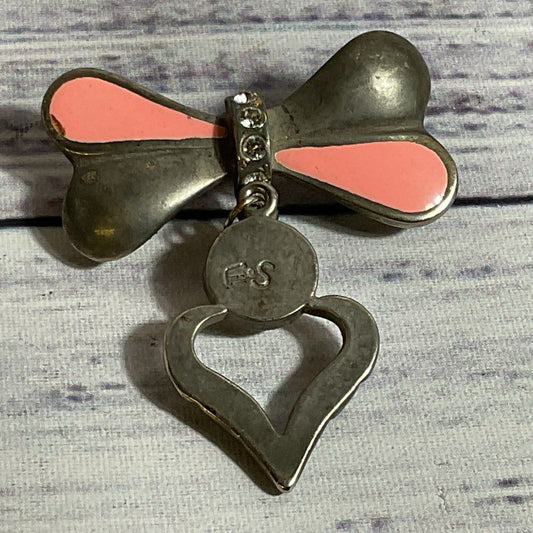 Signed VTG. ES Silver Tone & Enamel Bow & Heart Brooch- 2"