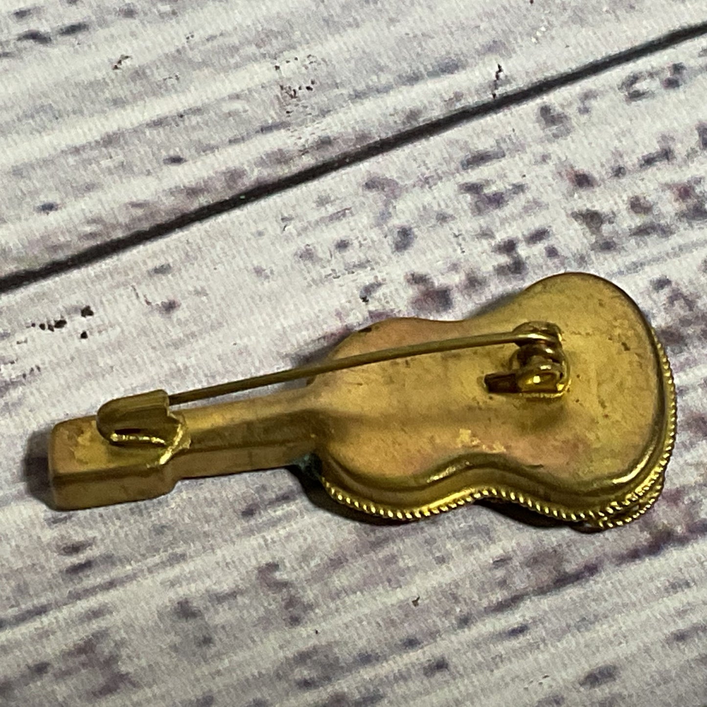 VTG. Brass Italian Micro Mosaic Guitar Brooch- 1.75"