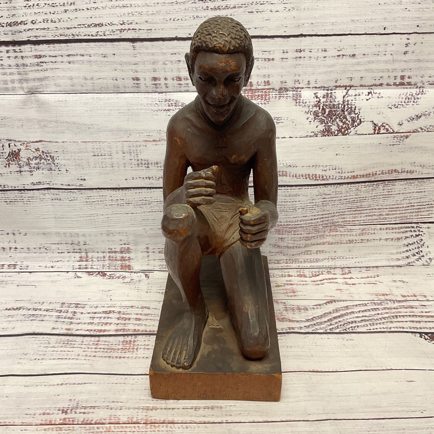 Wooden Carved African Kneeling Figurine 11" Sculpture